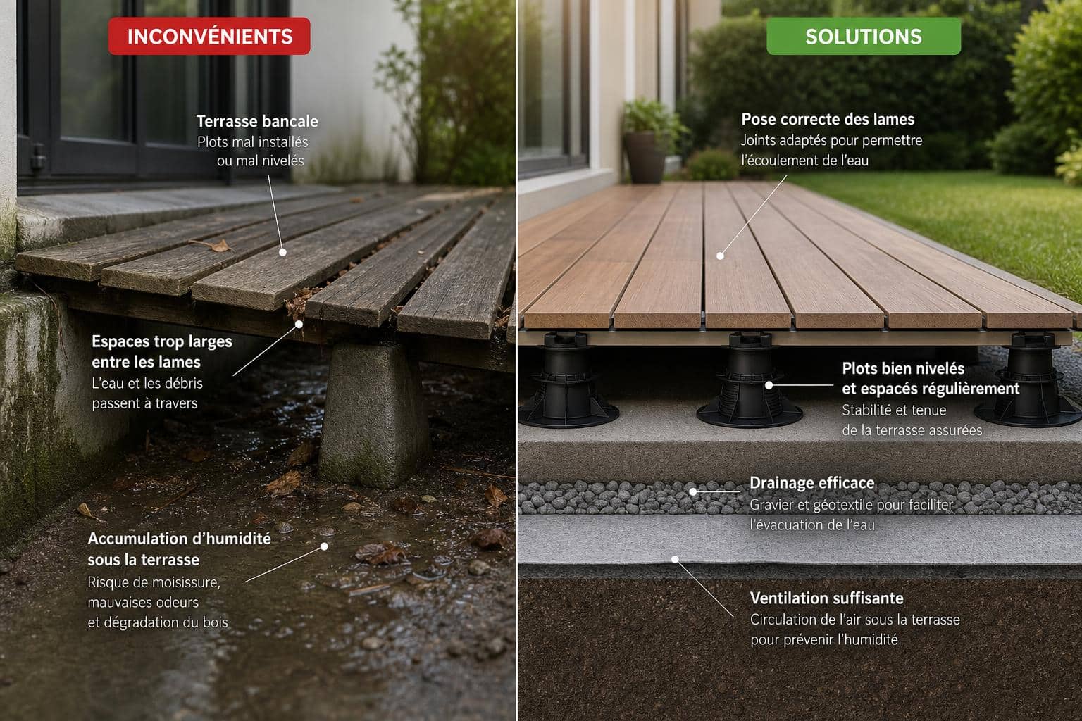 découvrez les principaux inconvénients d'une terrasse sur plots et apprenez quelles solutions adopter pour les éviter, garantissant ainsi une installation durable et esthétique.