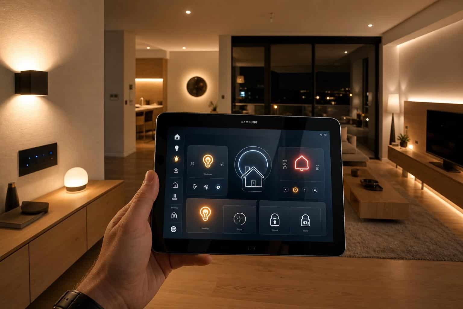 découvrez comment contrôler l'éclairage et les alarmes de votre maison la nuit via une tablette samsung pour une domotique intelligente et sécurisée.