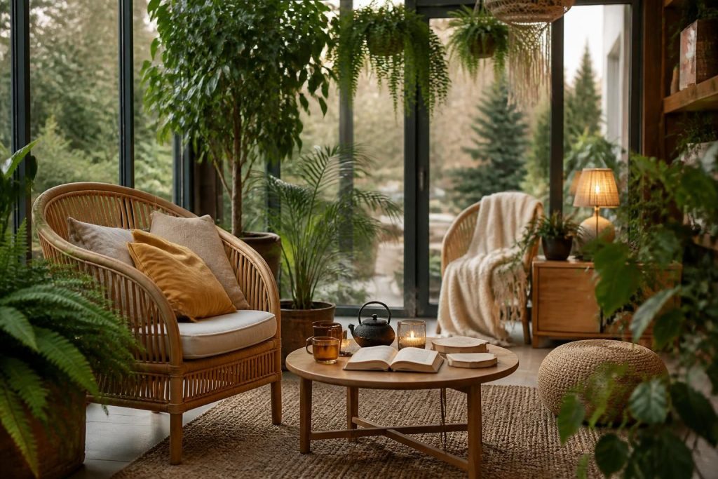 aménagez un jardin d'hiver accueillant et cosy dans votre véranda pour créer un coin détente parfait, alliant confort et ambiance chaleureuse toute l'année.