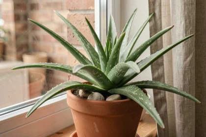 Aloe vera en pot en terre cuite posé sur un rebord de fenêtre intérieur en bois avec des cailloux décoratifs sur le substrat