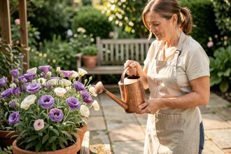 Femme arrosant des lisianthus en pot sur une terrasse avec un arrosoir en cuivre