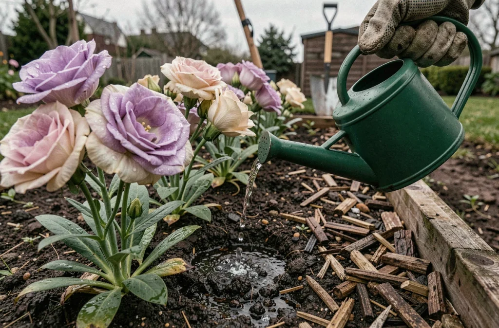 Gros plan d'un arrosage au pied des lisianthus en pleine terre dans un jardin