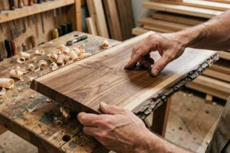 Artisan examinant les veines naturelles d'une planche de noyer dans un atelier de sculpture sur bois