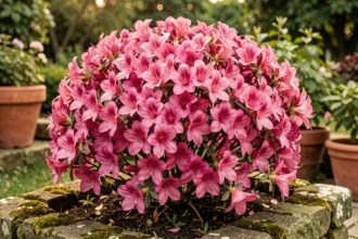Azalée en pleine floraison dans un jardin, couverte de fleurs fuchsia à différents stades d'ouverture, illustrant l'abondance florale sur toute la durée de vie de l'arbuste