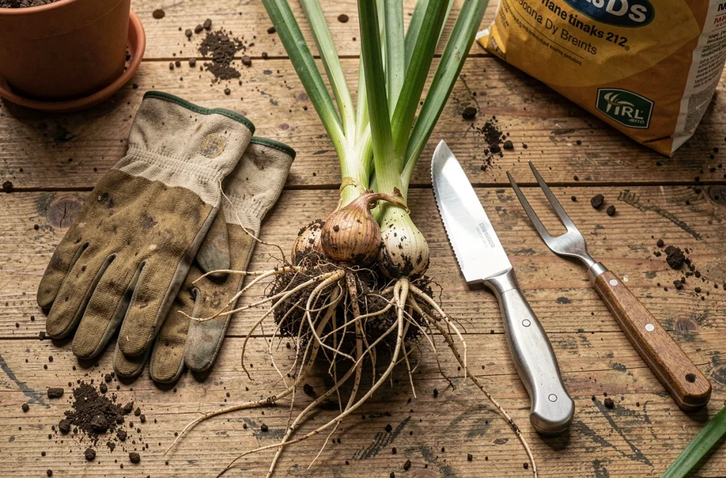 Rhizomes d'agapanthe divisés posés sur un établi de jardinage avec des outils de taille