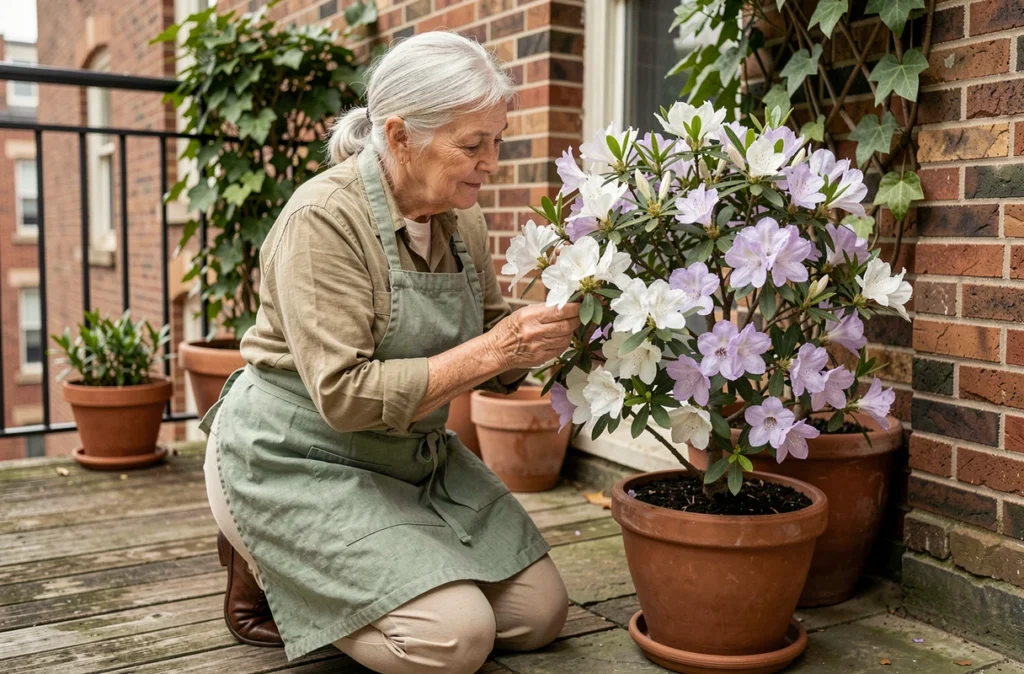 Une femme âgée examine les fleurs d'un azalée en pot sur une terrasse, illustrant l'entretien et les floraisons successives d'un azalée tout au long de sa vie