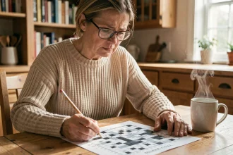 Femme concentrée résolvant des mots fléchés avec un crayon sur une table en bois, illustration d'une grille de mots croisés