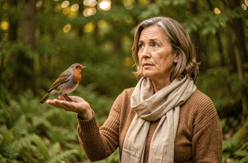 Femme tenant un rouge-gorge dans sa main en forêt, moment de connexion symbolique avec la nature et interprétation des signes