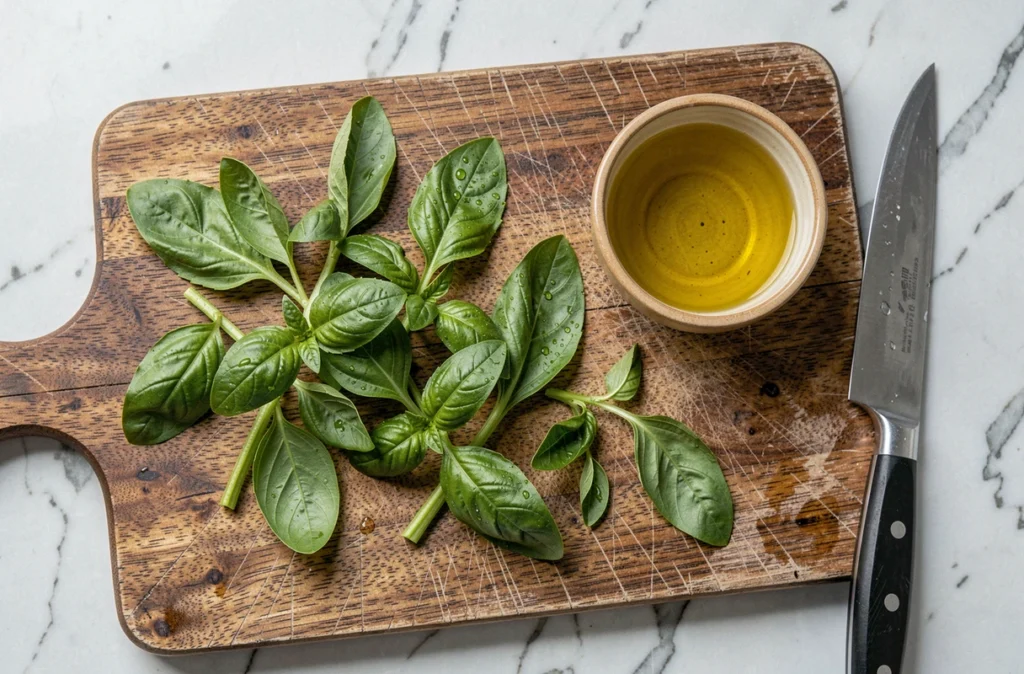 Feuilles de basilic fraîchement coupées sur une planche en bois avec un bol d'huile d'olive et un couteau de cuisine