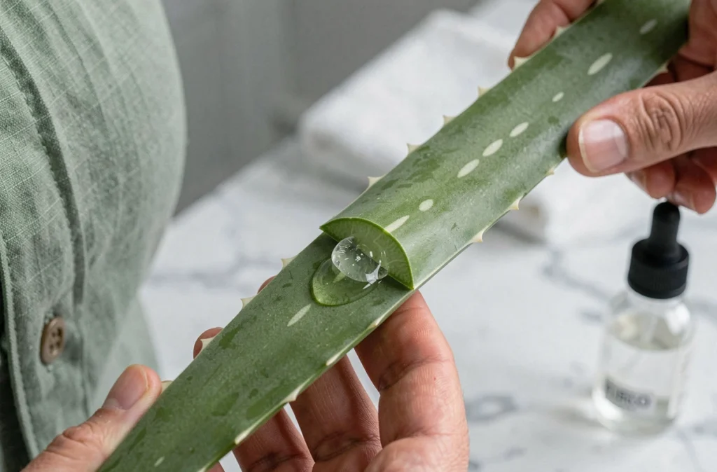 Gel transparent s'écoulant d'une feuille d'aloe vera coupée tenue dans une main de femme sur un plan de travail en marbre blanc