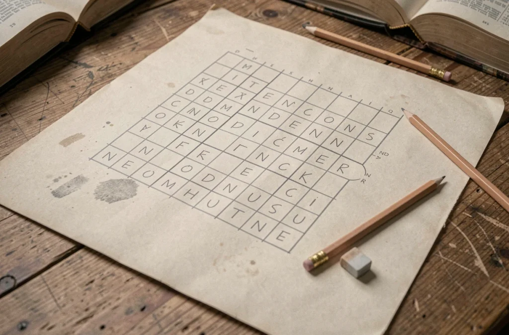 Gros plan sur une grille de mots fléchés partiellement remplie au crayon avec un dictionnaire en arrière-plan, aide à la résolution de mots croisés