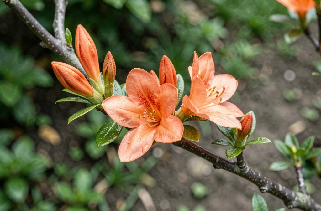 Gros plan sur une branche d'azalée montrant des boutons floraux, des fleurs en cours d'ouverture et des fleurs épanouies, représentant les différentes étapes de floraison au cours de la vie de la plante