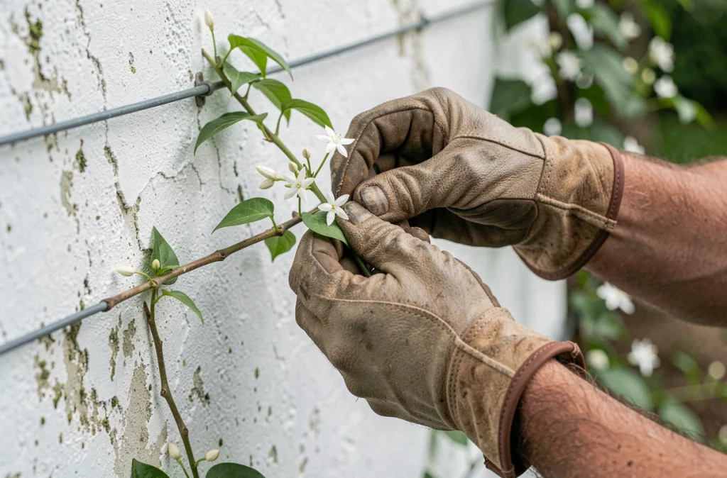 Mains gantées guidant une tige de jasmin étoilé le long d'un support métallique sur un mur blanchi à la chaux