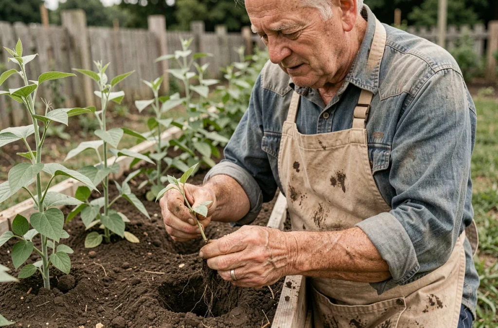 Jardinier expérimenté inspectant un jeune plant de haricot vert dans son potager