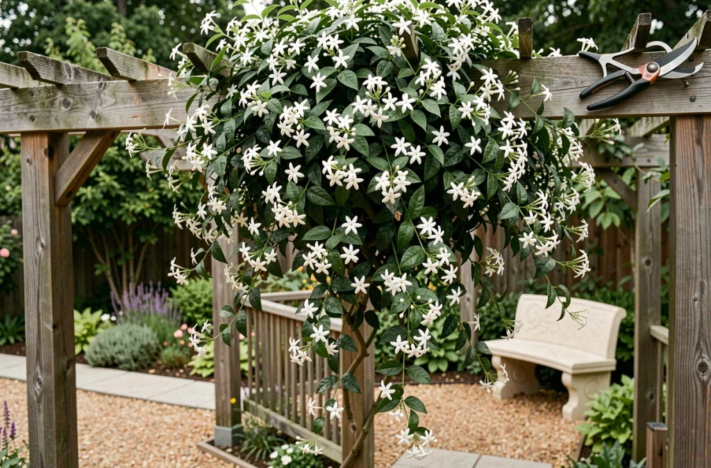 Jasmin étoilé en fleurs couvrant une pergola en bois avec des tiges fraîchement taillées et un sécateur posé sur la rambarde
