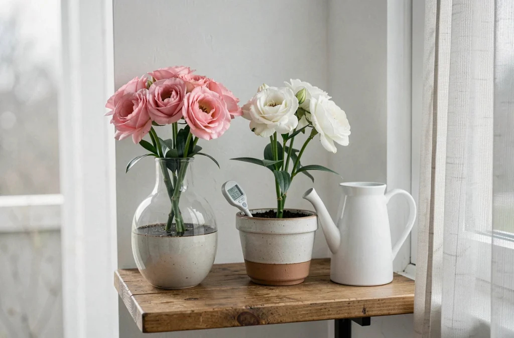 Lisianthus en pot à l'intérieur sur un rebord de fenêtre avec un outil de mesure d'humidité du sol