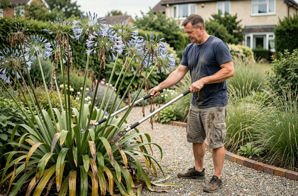 Homme qui maîtrise une touffe d'agapanthes envahissantes avec un élagueur dans un massif de jardin
