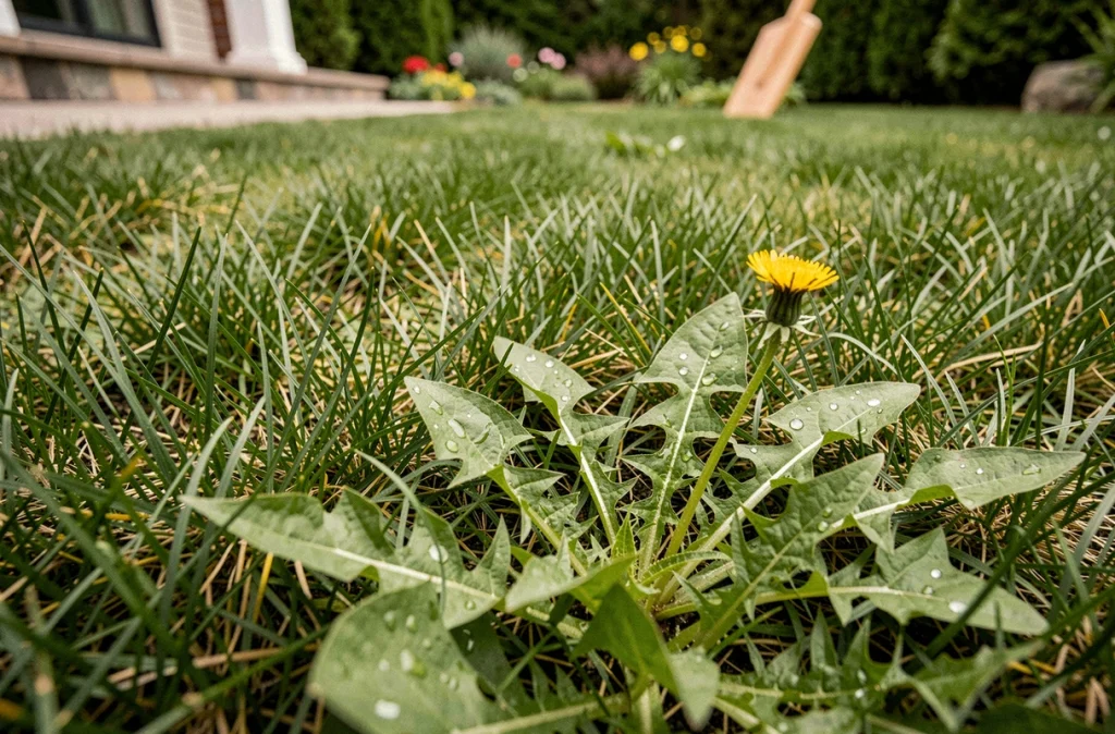 Gros plan sur des mauvaises herbes traitées au désherbant sélectif au milieu d'une pelouse verte