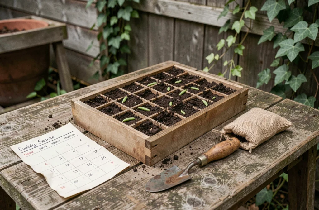 Plateau de semis de haricots verts avec calendrier lunaire et outils de jardinage rustiques