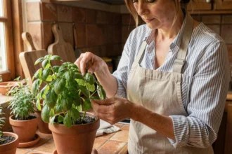 Femme récoltant des feuilles de basilic frais sur un plant en pot dans une cuisine rustique avec des tuiles en terre cuite
