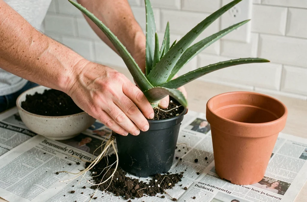 Rempotage d'un aloe vera avec les racines visibles, mains tenant la plante au-dessus d'un journal sur une table de cuisine