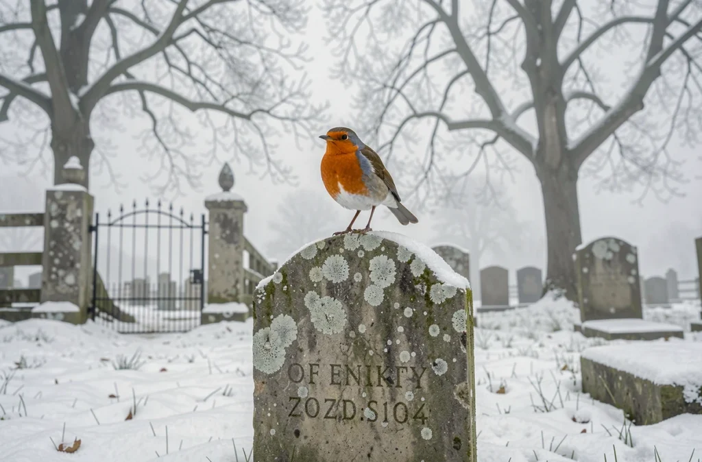 Rouge-gorge posé sur une pierre tombale enneigée dans un cimetière, symbolique de message de l'au-delà et connexion spirituelle