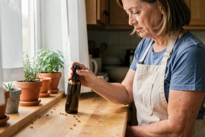 Femme appliquant du savon noir liquide sur un rebord de fenêtre de cuisine pour éloigner les fourmis