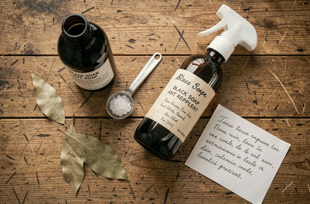 Ingrédients et outils disposés sur une table en bois pour préparer un répulsif anti-fourmis à base de savon noir