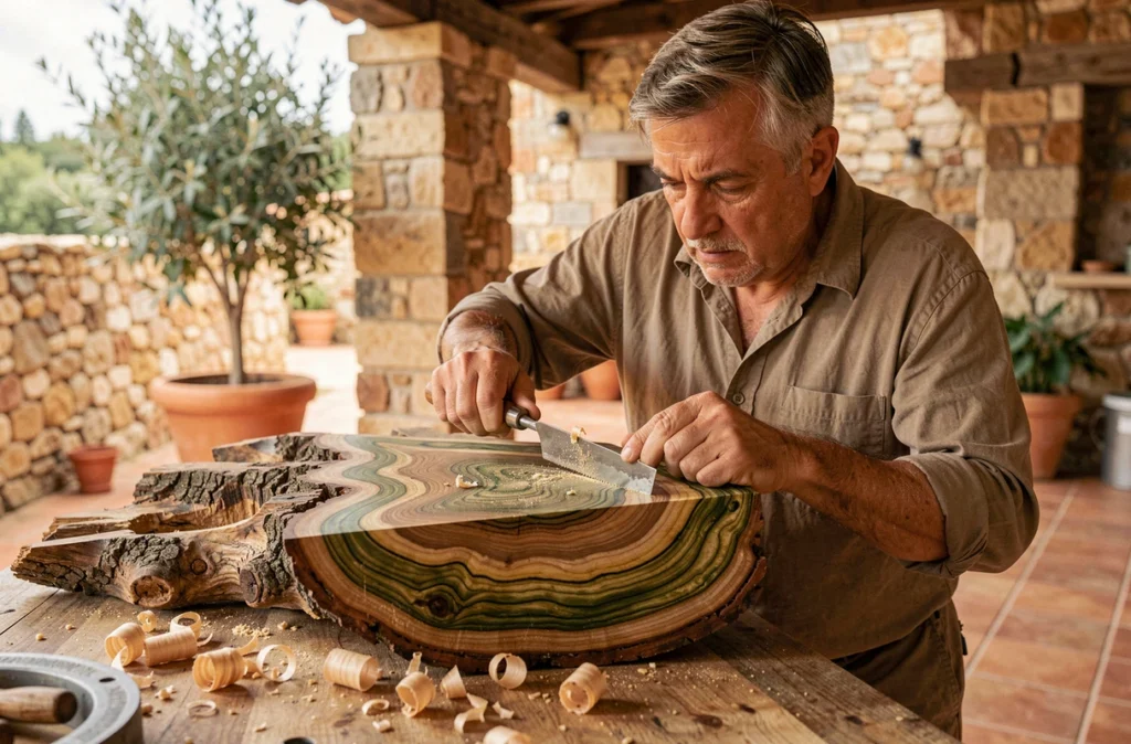Sculpteur sur bois travaillant un bloc d'olivier aux veines complexes dans un atelier méditerranéen