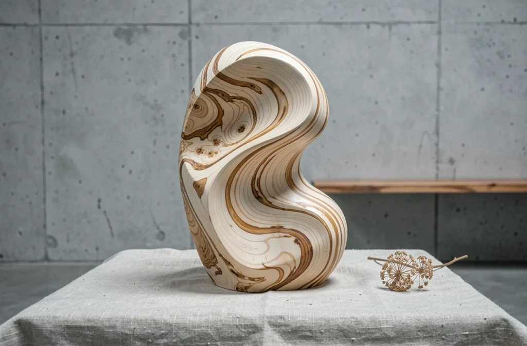 Sculpture en érable figuré exposée en galerie révélant des veines de bois tourbillonnantes