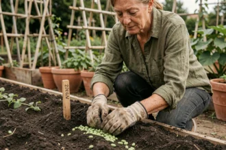 Femme jardinière semant des haricots verts dans un potager en terre fertile au printemps