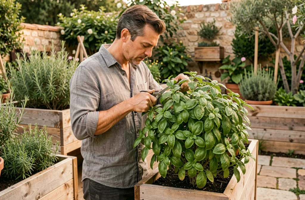 Homme taillant un plant de basilic dans un potager extérieur méditerranéen entouré de romarin et de thym