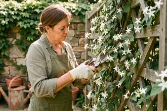Femme taillant un jasmin étoilé sur un treillis en bois avec un sécateur dans un jardin de pierre