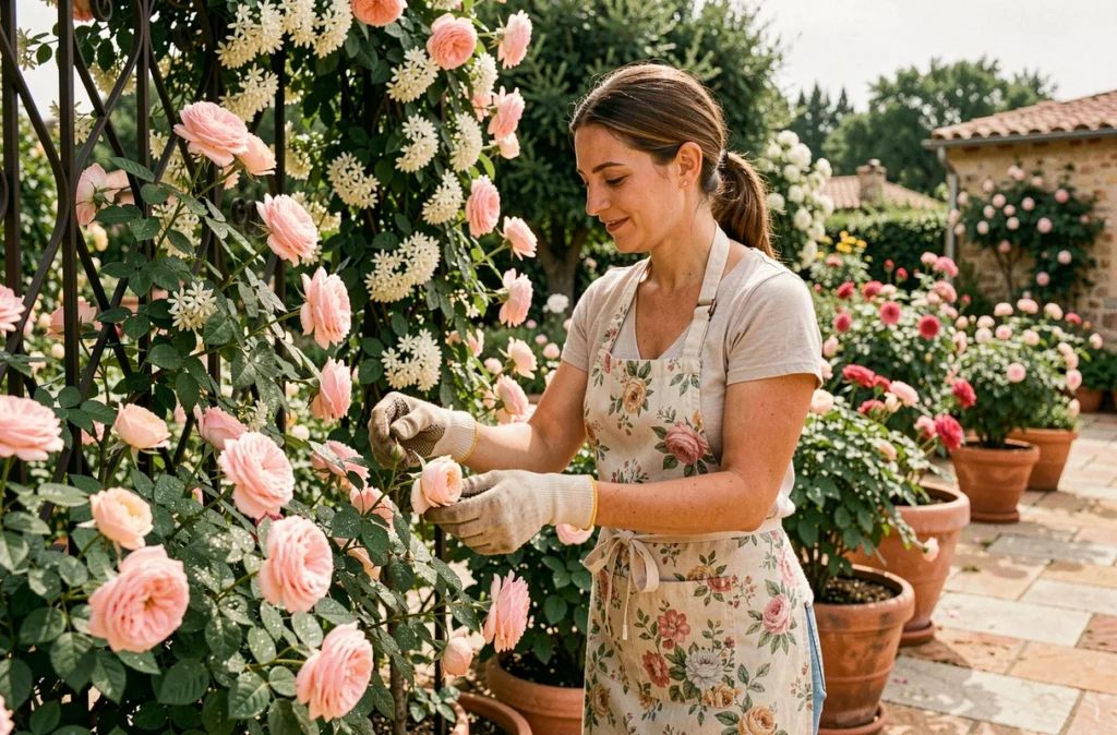 Jardinière soignant des rosiers en fleurs dans un jardin coquet entretenu par Au Bonheur des Jardins dans les Bouches-du-Rhône