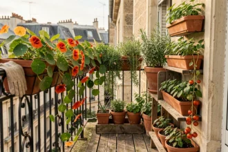Balcon étroit aménagé en jardin vertical avec des plantes aromatiques et des fleurs en pot sur des étagères en bois à Paris