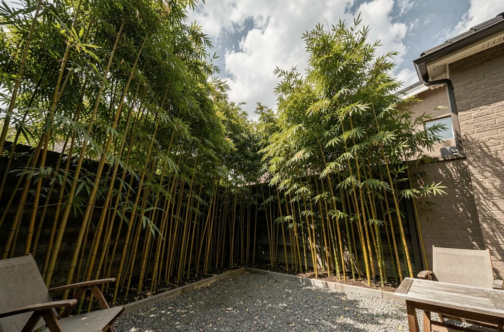 Rangée de bambous non traçants en écran végétal dans un coin ombragé de jardin avec allée en gravier