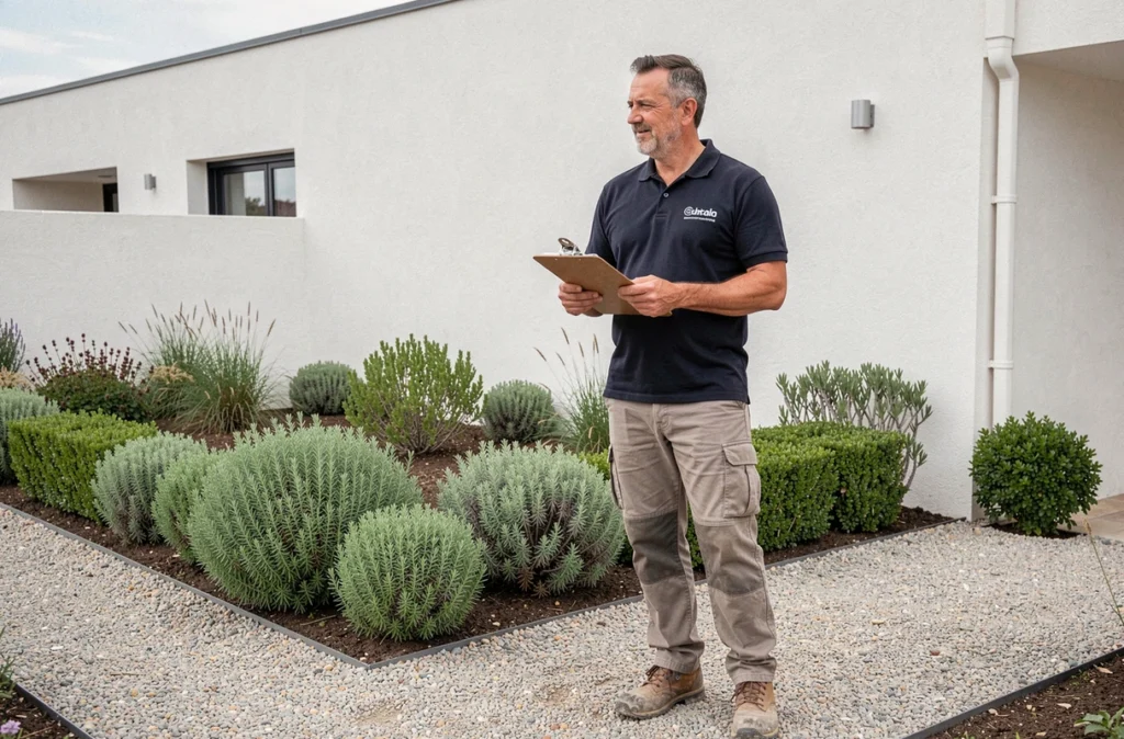Paysagiste de Beziac Paysages inspectant un jardin contemporain nouvellement aménagé avec gravier et plantes indigènes dans les Bouches-du-Rhône