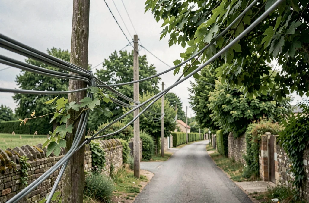 Câbles fibre optique sur poteau électrique en zone rurale avec branches d'arbres envahissantes en Mayenne