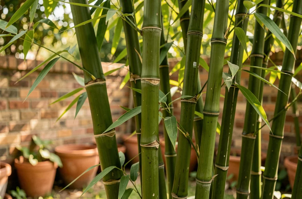 Gros plan sur des chaumes de bambous non envahissants avec feuillage vert persistant en jardin résidentiel