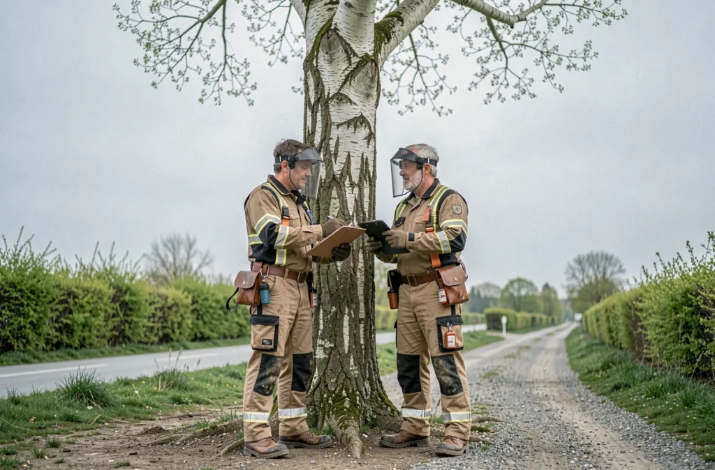 Deux élagueurs discutant d'un devis au pied d'un grand peuplier en bord de route