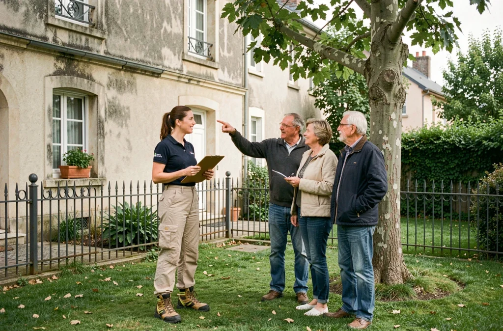 Consultante en élagage présentant un devis à des propriétaires devant un arbre dans le 93