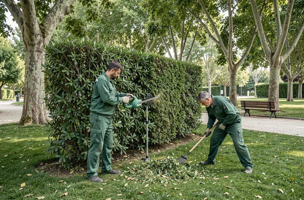 Équipe de Di Palma Espace Vert taillant une haie dans un parc public des Bouches-du-Rhône avec des outils professionnels