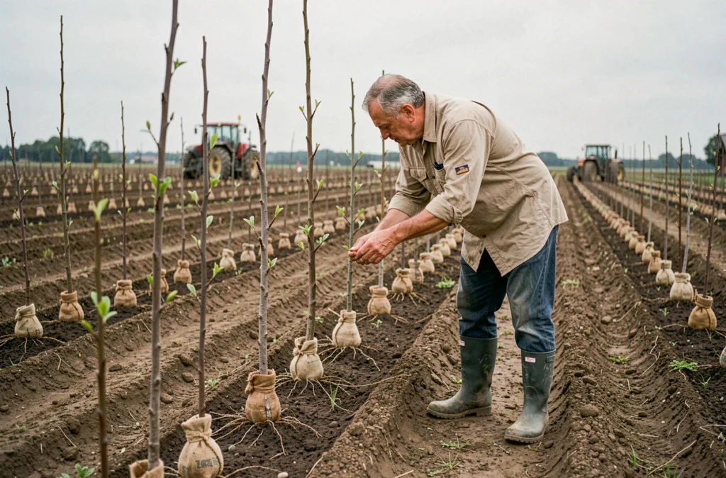 Horticulteur de l'EARL Des Boarmies inspectant des jeunes arbres fruitiers en plein champ dans la campagne lorraine
