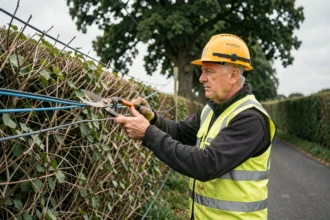 Élagueur professionnel taillant des branches d'arbres proches d'un câble fibre optique sur une route rurale en Mayenne