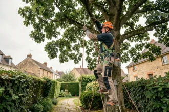Élagueur professionnel grimpant dans un grand chêne avec harnais de sécurité dans un jardin résidentiel à Limoges