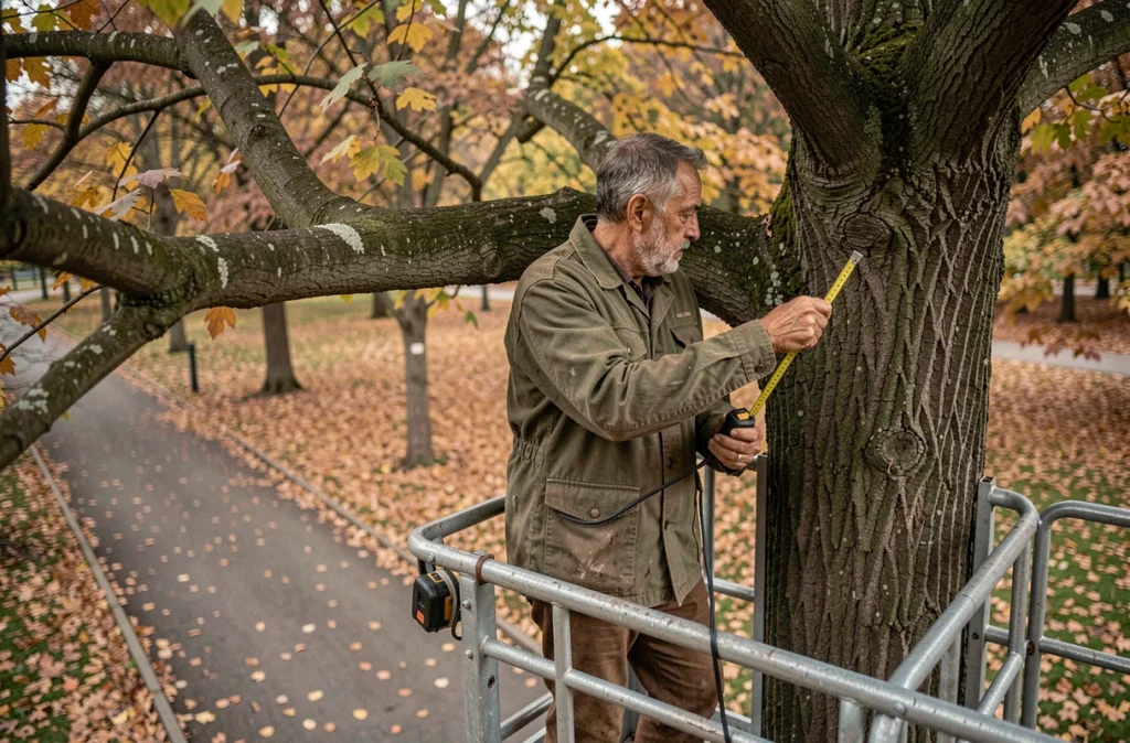 Élagueur sur nacelle mesurant une branche de charme dans un parc urbain en automne