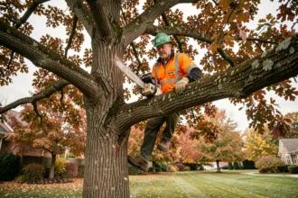Élagueur professionnel perché dans un grand chêne en automne effectuant une taille avec une tronçonneuse