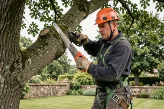 Élagueur professionnel avec harnais et casque de sécurité en train d'élaguer un grand chêne dans un jardin résidentiel