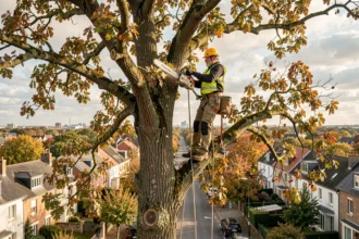 Élagueur professionnel en hauteur dans un grand chêne à Champigny-sur-Marne lors d'une intervention d'élagage
