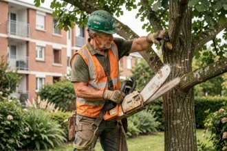 Élagueur professionnel en Seine-Saint-Denis réalisant un élagage sur un chêne avec équipement de sécurité complet
